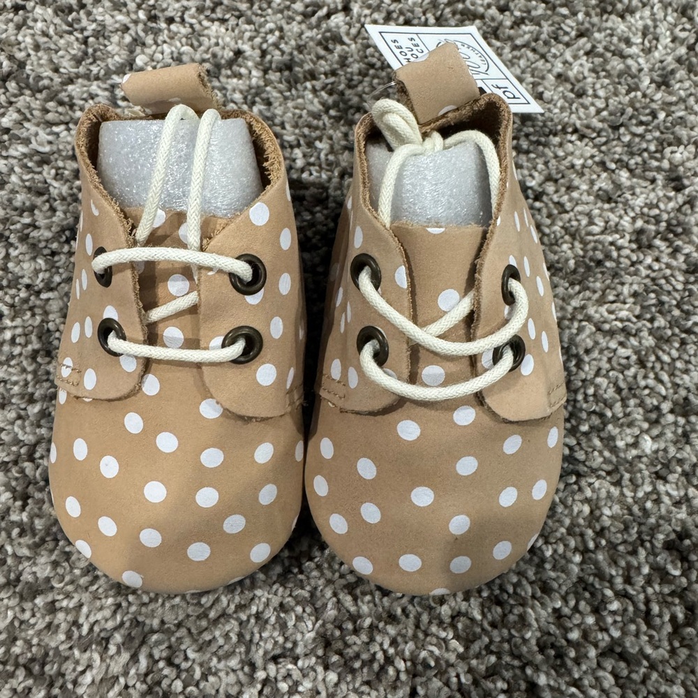 Piper Finn Adorable Tan Baby Shoes with White Polka Dots